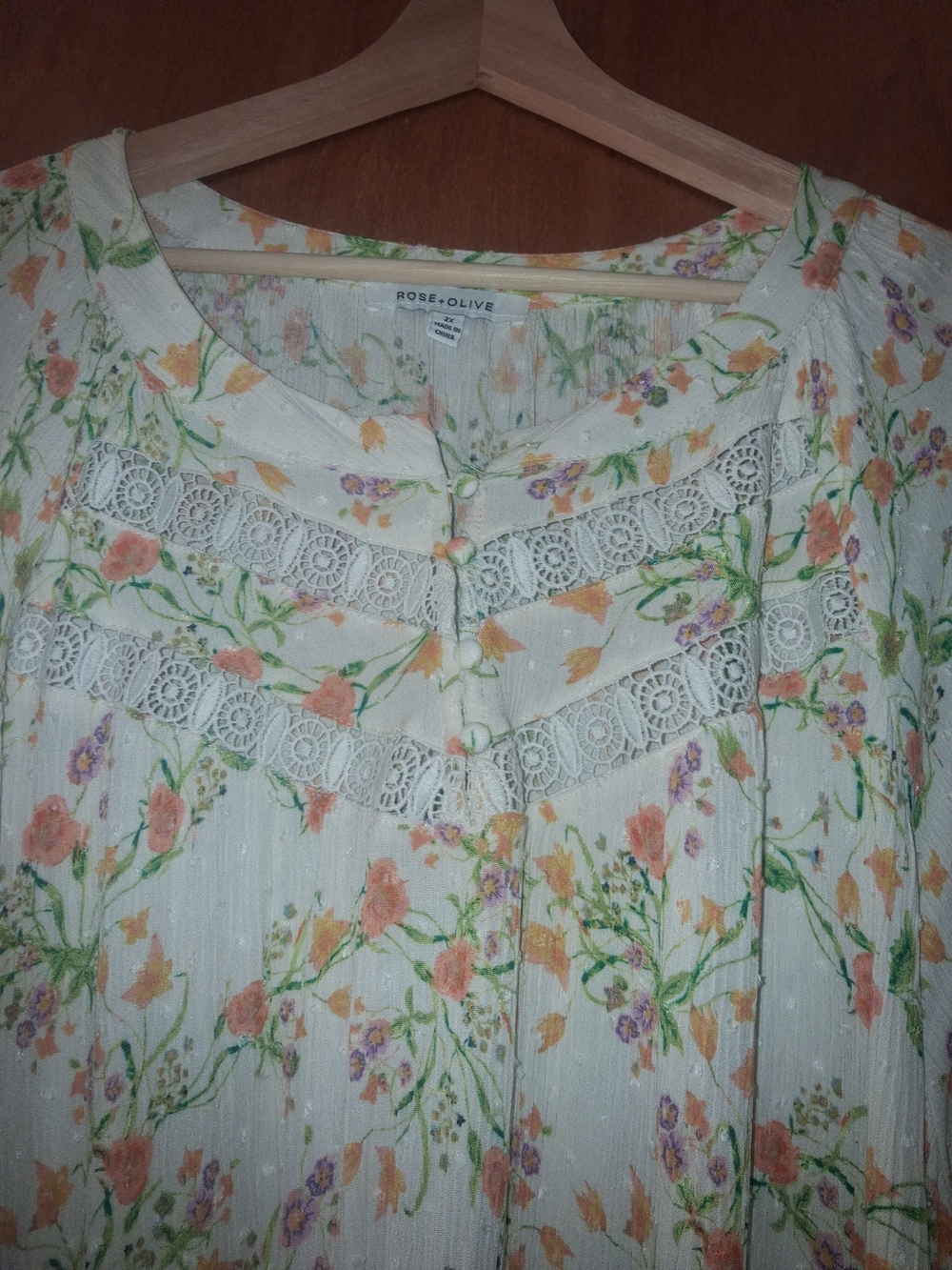 Rose & Olive Cream Floral Lace-Trim Button Blouse